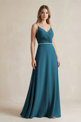 Chiffon A - Line Ruched Cami Strap Bridesmaid Dress in Dark Teal - KissProm Bridesmaid Dresses