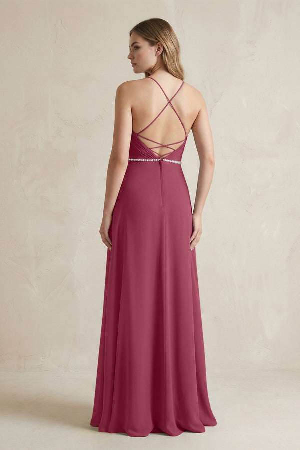 Chiffon A - Line Ruched Cami Strap Bridesmaid Dress in Desert Rose - KissProm Bridesmaid Dresses