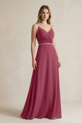 Chiffon A - Line Ruched Cami Strap Bridesmaid Dress in Desert Rose - KissProm Bridesmaid Dresses