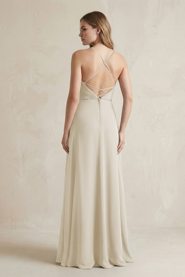 Chiffon A - Line Ruched Cami Strap Bridesmaid Dress in Dove Gray - KissProm Bridesmaid Dresses