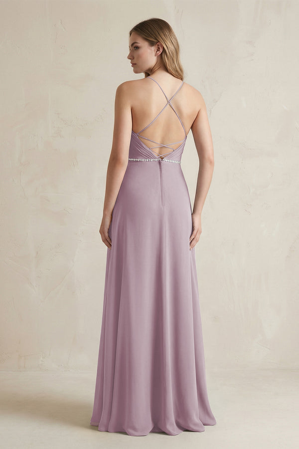 Chiffon A - Line Ruched Cami Strap Bridesmaid Dress in Dusk - KissProm Bridesmaid Dresses