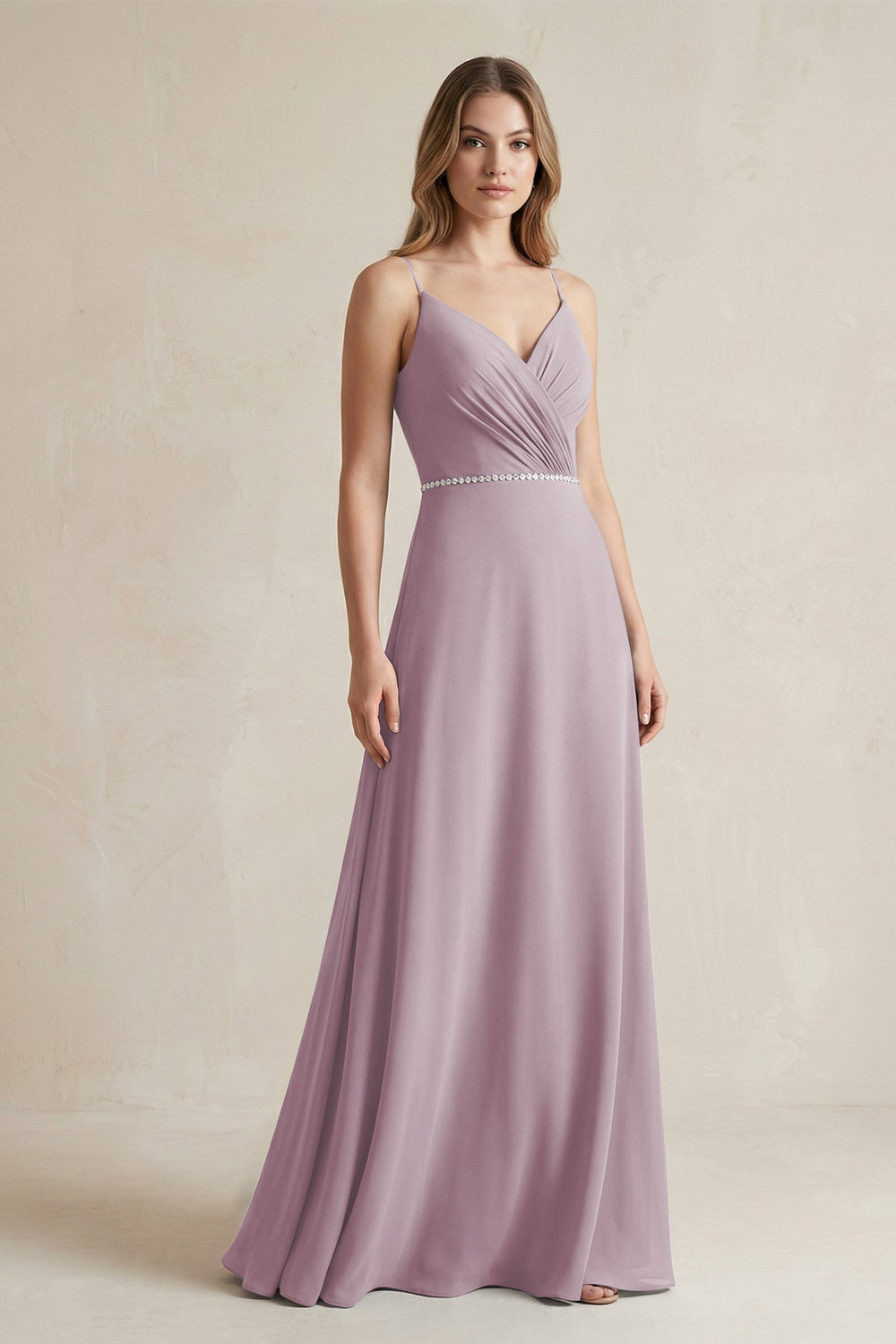 Chiffon A - Line Ruched Cami Strap Bridesmaid Dress in Dusk - KissProm Bridesmaid Dresses