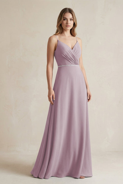 Chiffon A - Line Ruched Cami Strap Bridesmaid Dress in Dusk - KissProm Bridesmaid Dresses