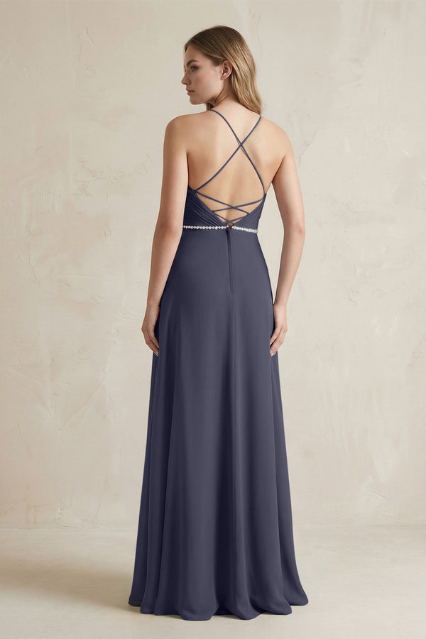 Chiffon A - Line Ruched Cami Strap Bridesmaid Dress in Dusk Blue - KissProm Bridesmaid Dresses