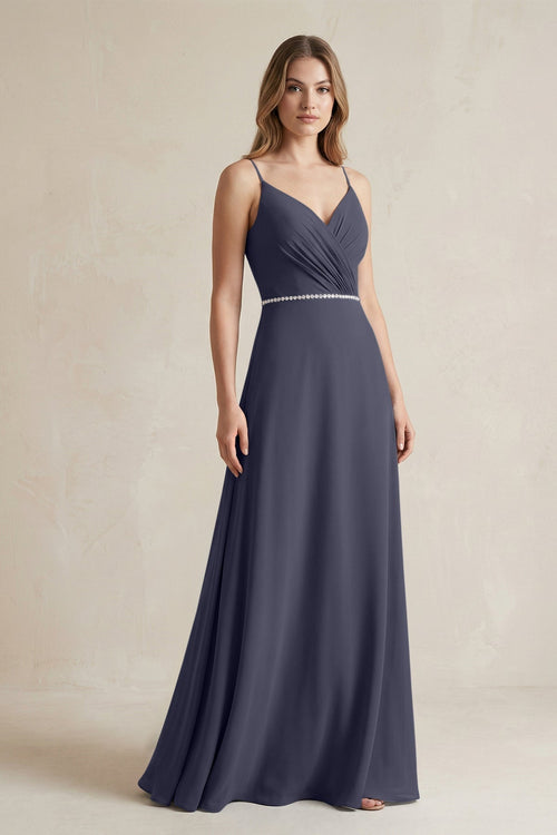 Chiffon A - Line Ruched Cami Strap Bridesmaid Dress in Dusk Blue - KissProm Bridesmaid Dresses