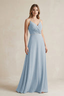 Chiffon A - Line Ruched Cami Strap Bridesmaid Dress in Dusty Blue - KissProm Bridesmaid Dresses