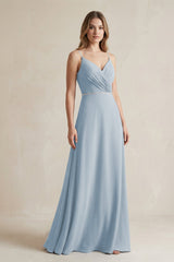 Chiffon A - Line Ruched Cami Strap Bridesmaid Dress in Dusty Blue - KissProm Bridesmaid Dresses