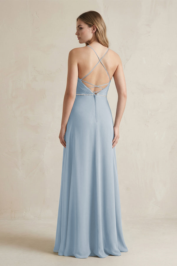 Chiffon A - Line Ruched Cami Strap Bridesmaid Dress in Dusty Blue - KissProm Bridesmaid Dresses