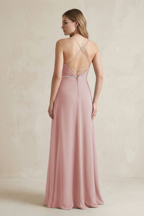 Chiffon A - Line Ruched Cami Strap Bridesmaid Dress in Dusty Rose - KissProm Bridesmaid Dresses