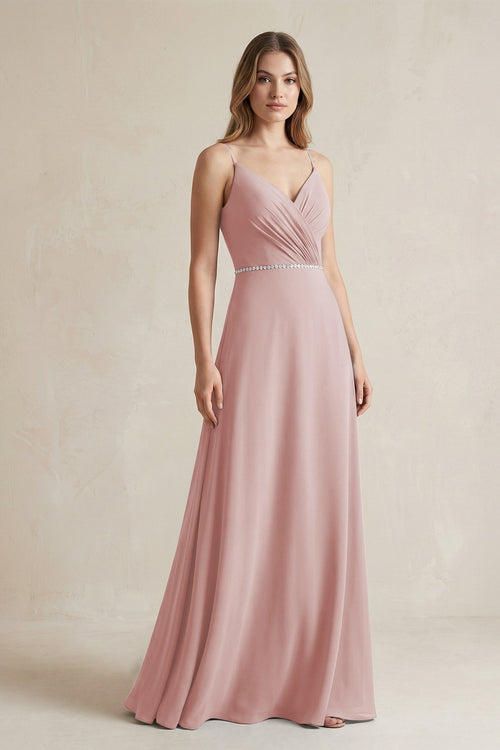 Chiffon A - Line Ruched Cami Strap Bridesmaid Dress in Dusty Rose - KissProm Bridesmaid Dresses