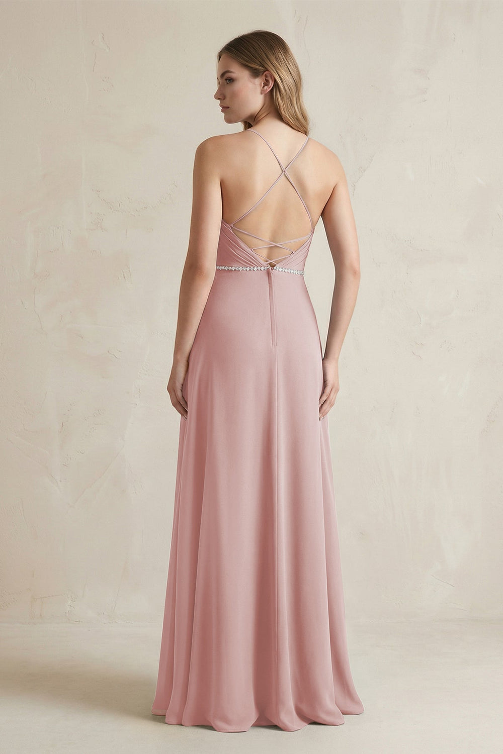 Chiffon A - Line Ruched Cami Strap Bridesmaid Dress in Dusty Rose - KissProm Bridesmaid Dresses