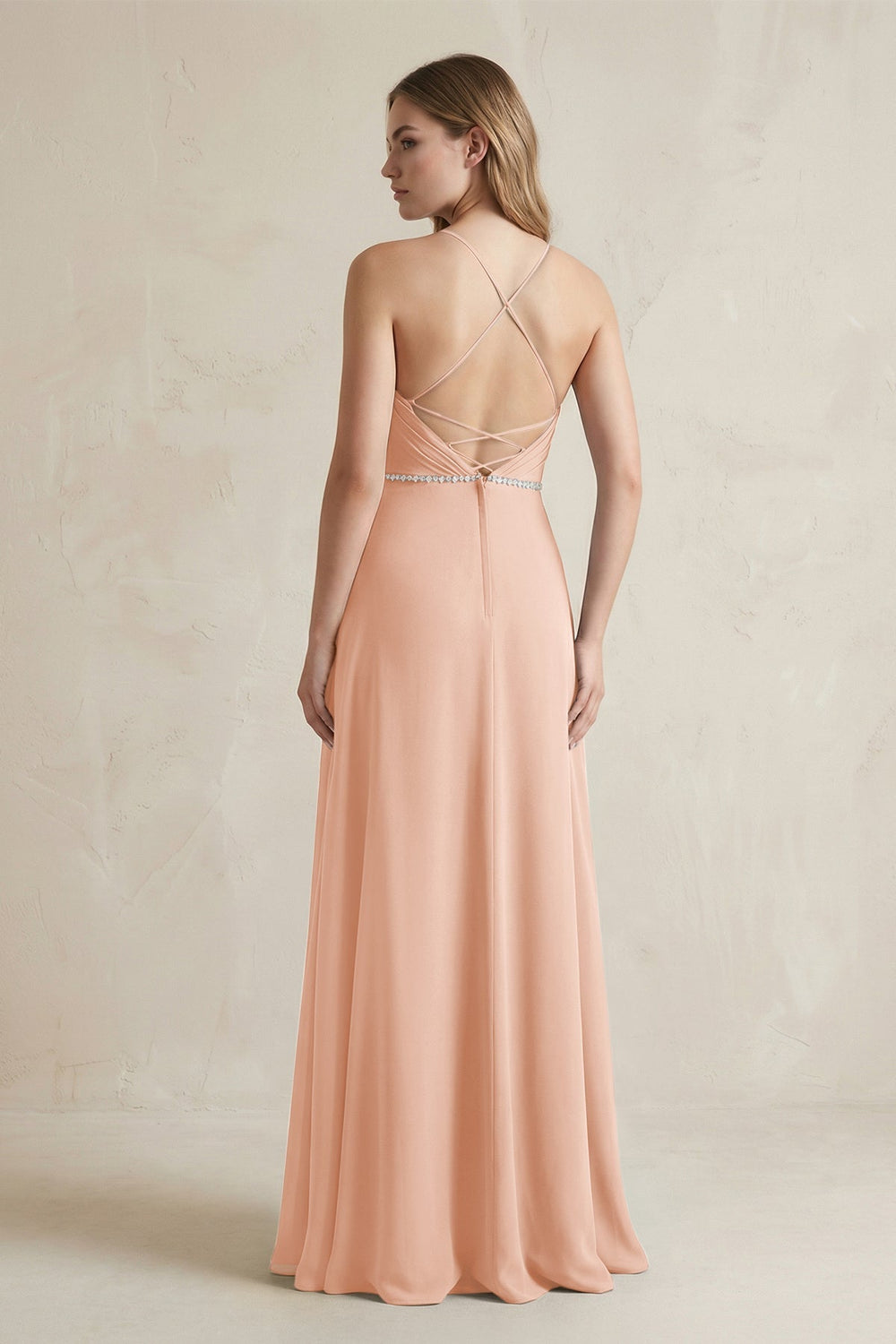 Chiffon A - Line Ruched Cami Strap Bridesmaid Dress in English Rose - KissProm Bridesmaid Dresses