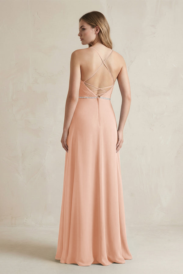 Chiffon A - Line Ruched Cami Strap Bridesmaid Dress in English Rose - KissProm Bridesmaid Dresses