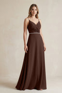 Chiffon A - Line Ruched Cami Strap Bridesmaid Dress in Espresso - KissProm Bridesmaid Dresses