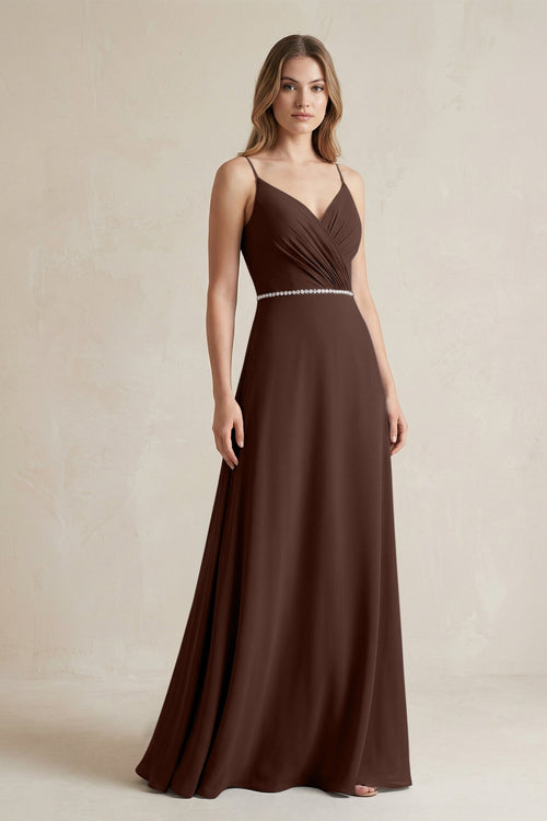Chiffon A - Line Ruched Cami Strap Bridesmaid Dress in Espresso - KissProm Bridesmaid Dresses