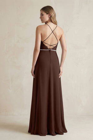 Chiffon A - Line Ruched Cami Strap Bridesmaid Dress in Espresso - KissProm Bridesmaid Dresses