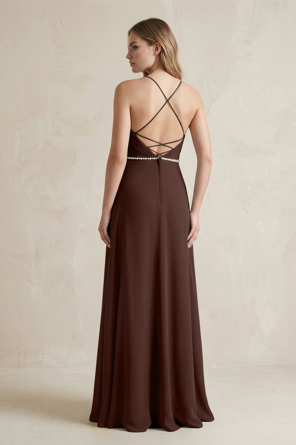 Chiffon A - Line Ruched Cami Strap Bridesmaid Dress in Espresso - KissProm Bridesmaid Dresses