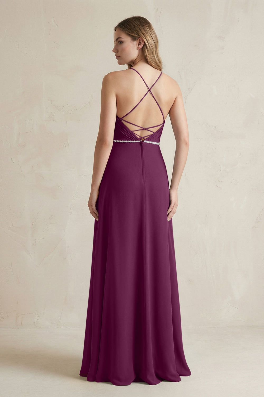 Chiffon A - Line Ruched Cami Strap Bridesmaid Dress in Fig - KissProm Bridesmaid Dresses