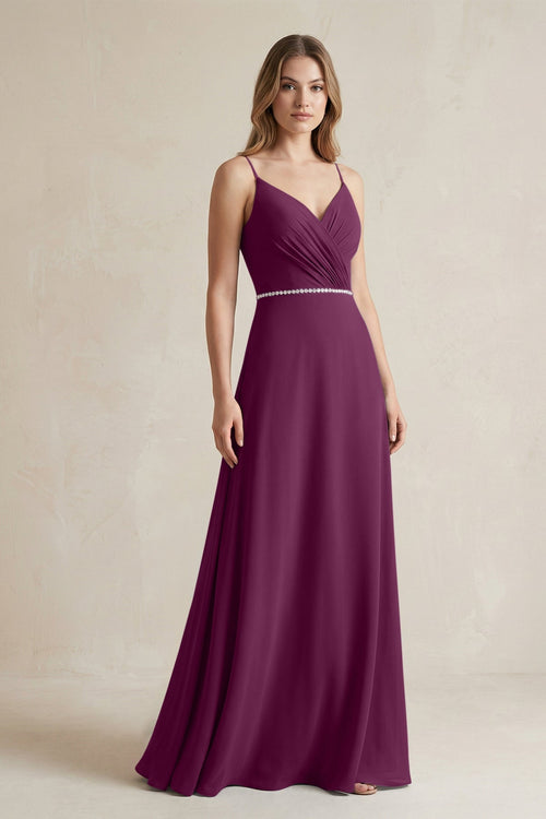 Chiffon A - Line Ruched Cami Strap Bridesmaid Dress in Fig - KissProm Bridesmaid Dresses