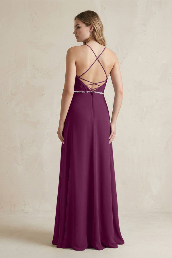 Chiffon A - Line Ruched Cami Strap Bridesmaid Dress in Fig - KissProm Bridesmaid Dresses