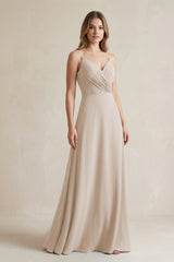 Chiffon A - Line Ruched Cami Strap Bridesmaid Dress in Frost - KissProm Bridesmaid Dresses