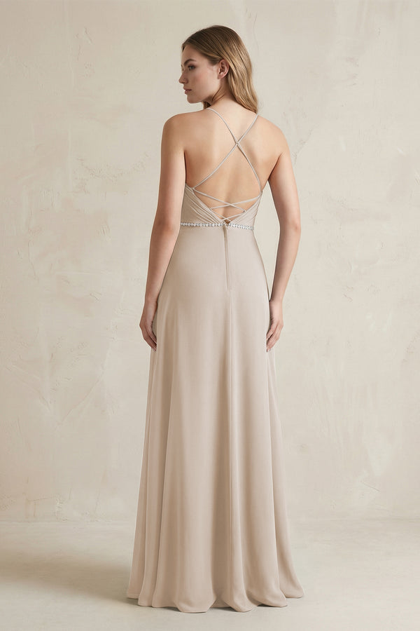 Chiffon A - Line Ruched Cami Strap Bridesmaid Dress in Frost - KissProm Bridesmaid Dresses
