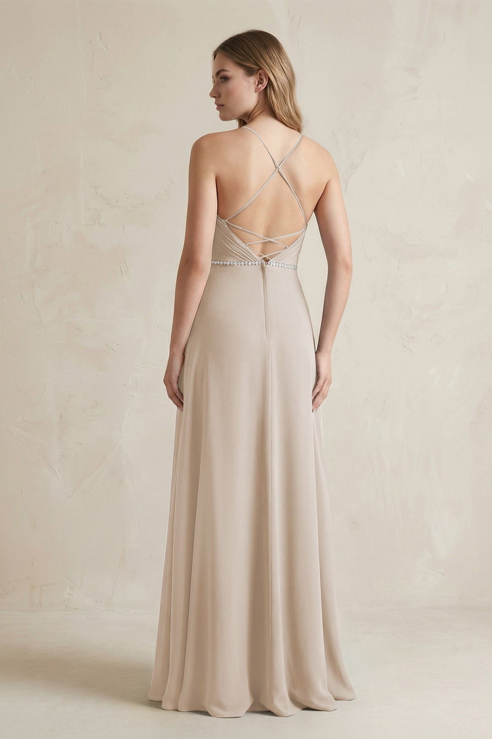 Chiffon A - Line Ruched Cami Strap Bridesmaid Dress in Frost - KissProm Bridesmaid Dresses