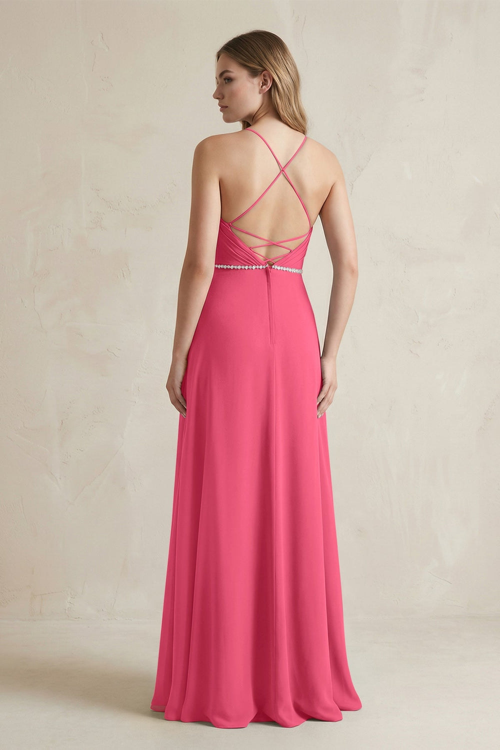 Chiffon A - Line Ruched Cami Strap Bridesmaid Dress in Fuchsia - KissProm Bridesmaid Dresses