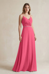 Chiffon A - Line Ruched Cami Strap Bridesmaid Dress in Fuchsia - KissProm Bridesmaid Dresses