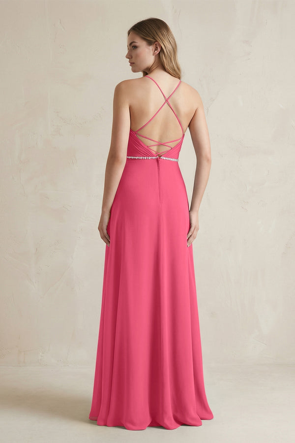 Chiffon A - Line Ruched Cami Strap Bridesmaid Dress in Fuchsia - KissProm Bridesmaid Dresses