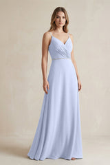 Chiffon A - Line Ruched Cami Strap Bridesmaid Dress in Ice - KissProm Bridesmaid Dresses