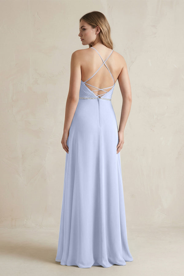 Chiffon A - Line Ruched Cami Strap Bridesmaid Dress in Ice - KissProm Bridesmaid Dresses