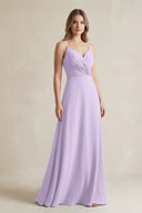 Chiffon A - Line Ruched Cami Strap Bridesmaid Dress in Lavender - KissProm Bridesmaid Dresses