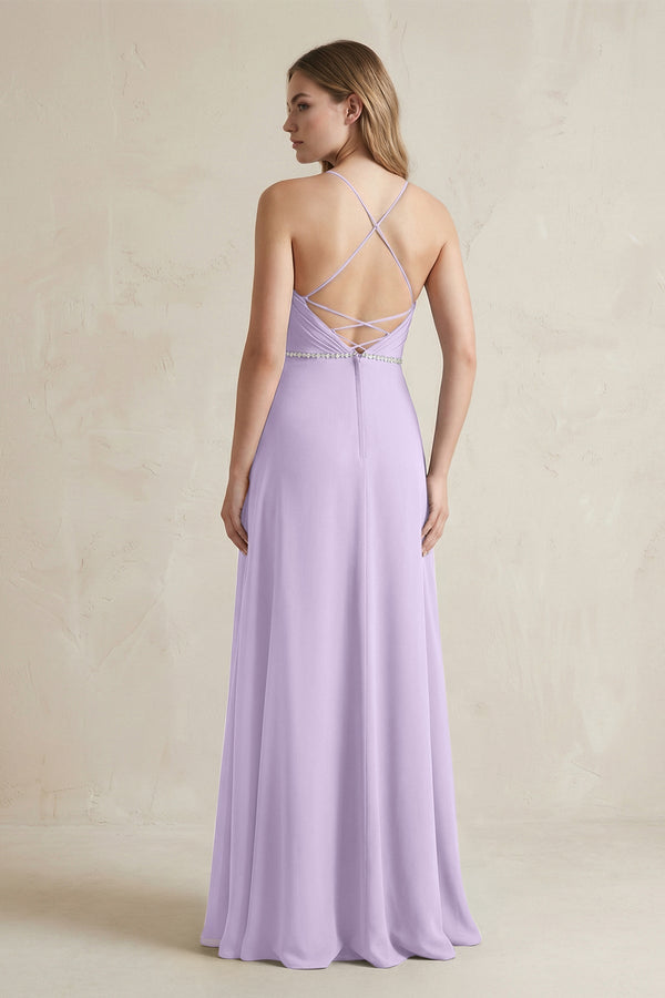 Chiffon A - Line Ruched Cami Strap Bridesmaid Dress in Lavender - KissProm Bridesmaid Dresses