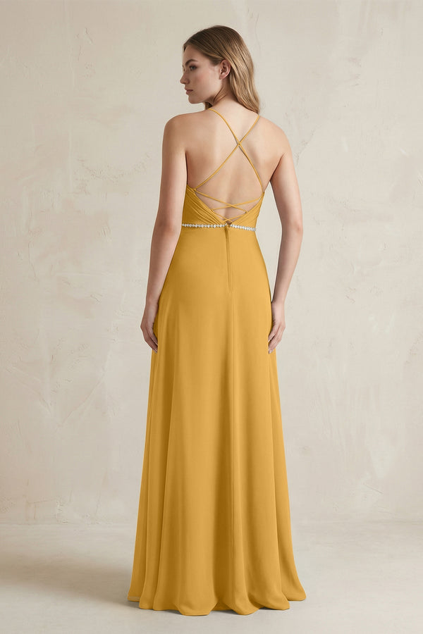 Chiffon A - Line Ruched Cami Strap Bridesmaid Dress in Marigold - KissProm Bridesmaid Dresses