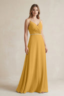 Chiffon A - Line Ruched Cami Strap Bridesmaid Dress in Marigold - KissProm Bridesmaid Dresses