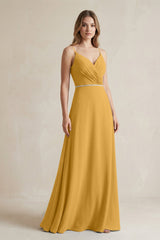 Chiffon A - Line Ruched Cami Strap Bridesmaid Dress in Marigold - KissProm Bridesmaid Dresses