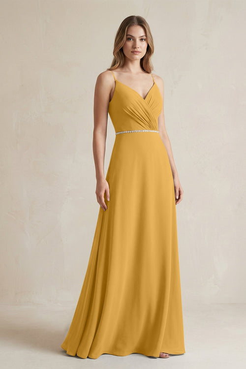 Chiffon A - Line Ruched Cami Strap Bridesmaid Dress in Marigold - KissProm Bridesmaid Dresses