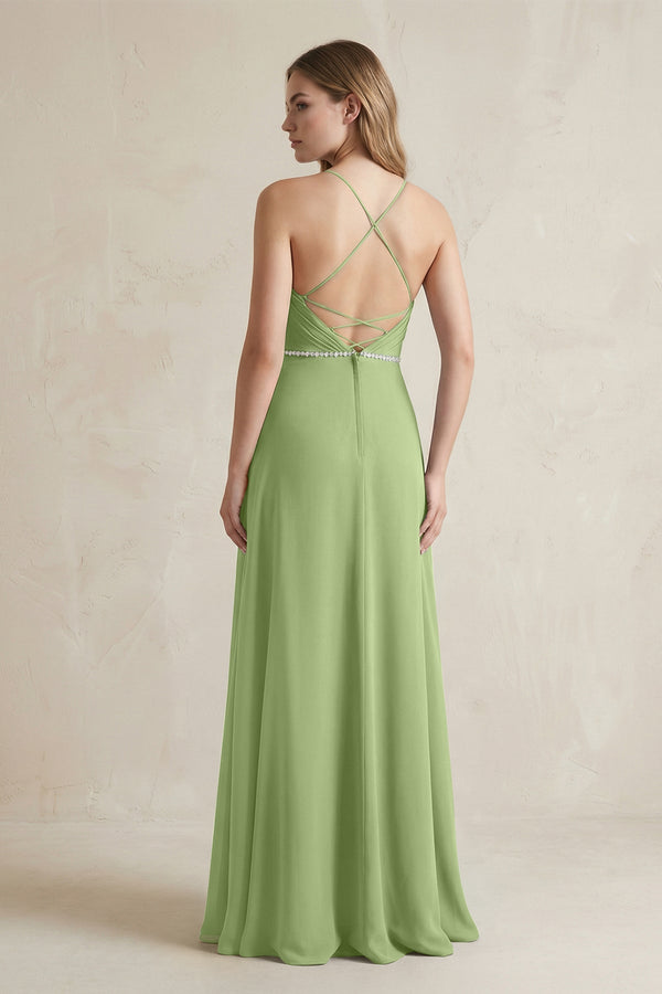 Chiffon A - Line Ruched Cami Strap Bridesmaid Dress in Matcha - KissProm Bridesmaid Dresses
