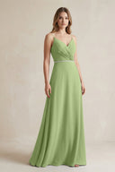 Chiffon A - Line Ruched Cami Strap Bridesmaid Dress in Matcha - KissProm Bridesmaid Dresses