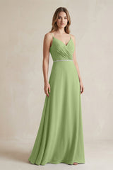 Chiffon A - Line Ruched Cami Strap Bridesmaid Dress in Matcha - KissProm Bridesmaid Dresses