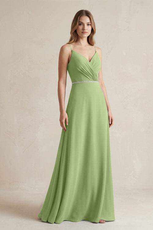 Chiffon A - Line Ruched Cami Strap Bridesmaid Dress in Matcha - KissProm Bridesmaid Dresses
