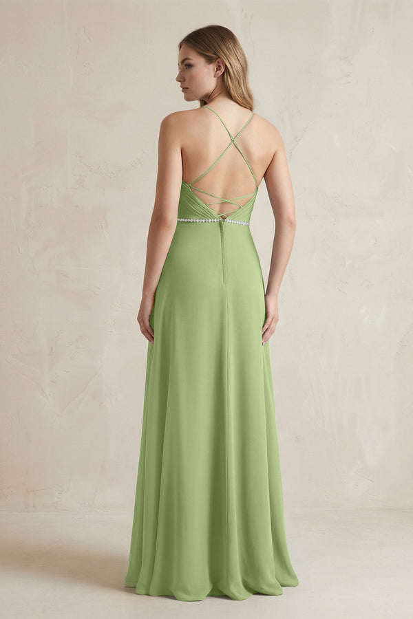 Chiffon A - Line Ruched Cami Strap Bridesmaid Dress in Matcha - KissProm Bridesmaid Dresses