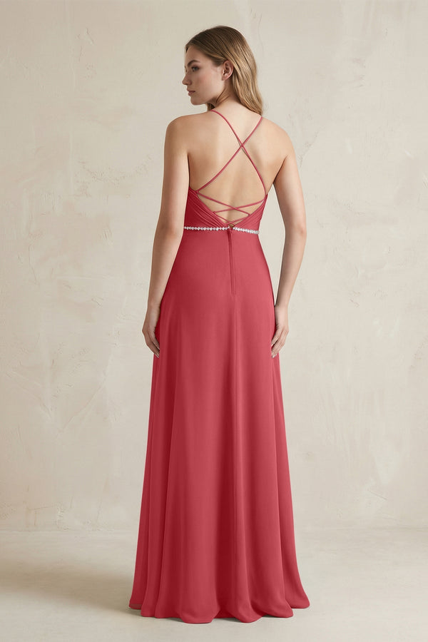 Chiffon A - Line Ruched Cami Strap Bridesmaid Dress in Merlot - KissProm Bridesmaid Dresses