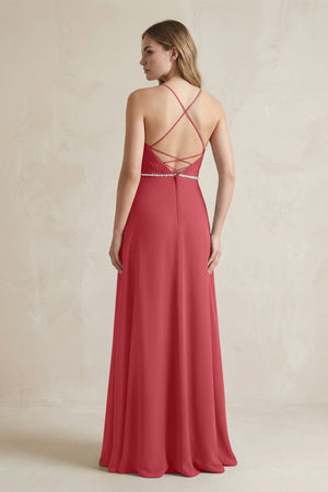 Chiffon A - Line Ruched Cami Strap Bridesmaid Dress in Merlot - KissProm Bridesmaid Dresses