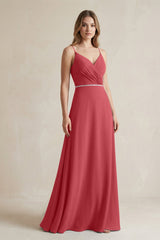 Chiffon A - Line Ruched Cami Strap Bridesmaid Dress in Merlot - KissProm Bridesmaid Dresses