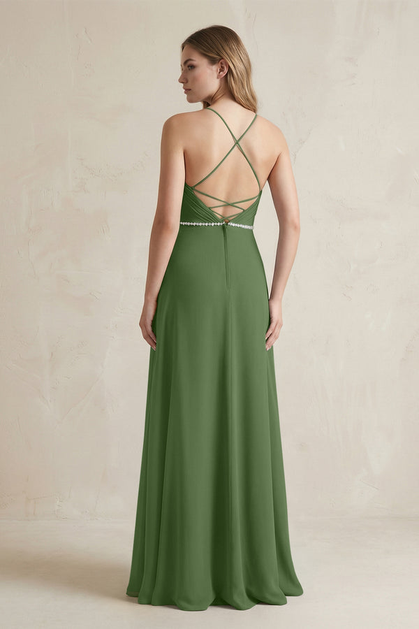 Chiffon A - Line Ruched Cami Strap Bridesmaid Dress in Moss - KissProm Bridesmaid Dresses