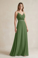 Chiffon A - Line Ruched Cami Strap Bridesmaid Dress in Moss - KissProm Bridesmaid Dresses