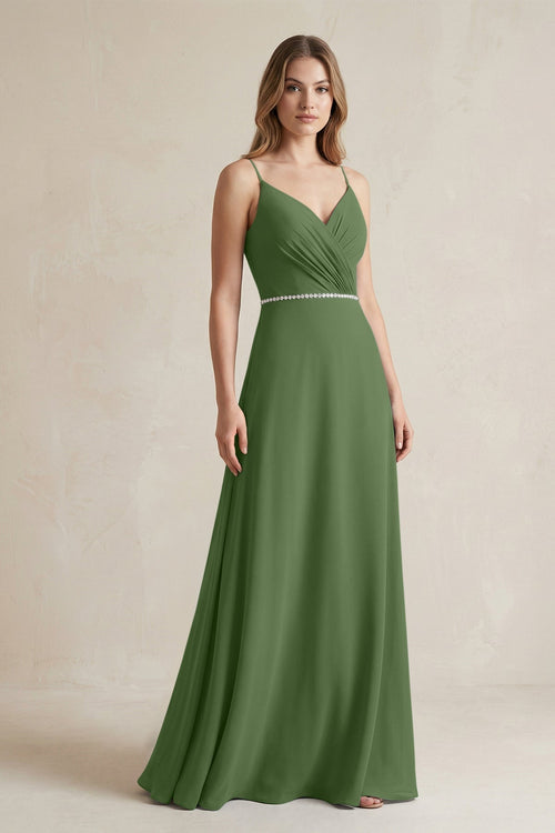 Chiffon A - Line Ruched Cami Strap Bridesmaid Dress in Moss - KissProm Bridesmaid Dresses