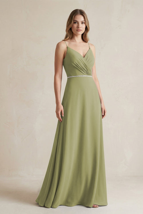 Chiffon A - Line Ruched Cami Strap Bridesmaid Dress in Moss Green - KissProm Bridesmaid Dresses